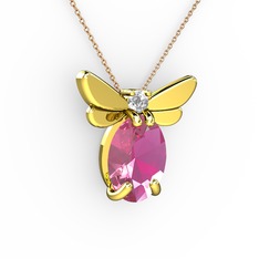 Elisa Kelebek Kolye - Pembe kuvars ve pırlanta 18 ayar altın kolye (0.24 karat, 40 cm rose altın rolo zincir) #wsaq7b