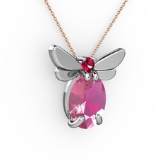 Elisa Kelebek Kolye - Pembe kuvars ve rodolit garnet 8 ayar beyaz altın kolye (40 cm rose altın rolo zincir) #xw8cnc