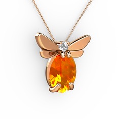 Sitrin ve pırlanta 14 ayar rose altın kolye (0.24 karat, 40 cm rose altın rolo zincir)