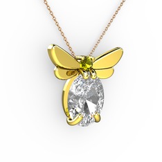 Beyaz zirkon ve peridot 14 ayar altın kolye (40 cm rose altın rolo zincir)