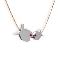 İkili Balık Kolye - Kök yakut 925 ayar gümüş kolye (40 cm rose altın rolo zincir) #133m43