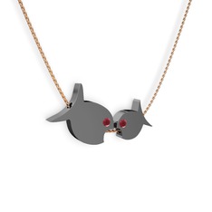 İkili Balık Kolye - Kök yakut 925 ayar siyah rodyum kaplama gümüş kolye (40 cm gümüş rolo zincir) #13oek06