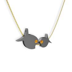 İkili Balık Kolye - Sitrin 925 ayar siyah rodyum kaplama gümüş kolye (40 cm altın rolo zincir) #16ydiz1