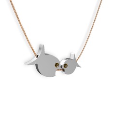 İkili Balık Kolye - Dumanlı kuvars 18 ayar beyaz altın kolye (40 cm rose altın rolo zincir) #1747nm