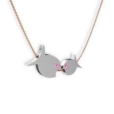 İkili Balık Kolye - Pembe kuvars 18 ayar beyaz altın kolye (40 cm rose altın rolo zincir) #1a3nsb4