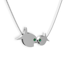 İkili Balık Kolye - Yeşil kuvars 14 ayar beyaz altın kolye (40 cm beyaz altın rolo zincir) #1bab7lu