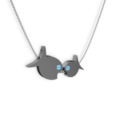 İkili Balık Kolye - Akuamarin 925 ayar siyah rodyum kaplama gümüş kolye (40 cm beyaz altın rolo zincir) #1brxdzm