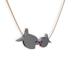 İkili Balık Kolye - Ametist 925 ayar siyah rodyum kaplama gümüş kolye (40 cm rose altın rolo zincir) #1c3qgvi