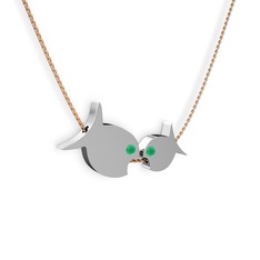 İkili Balık Kolye - Kök zümrüt 18 ayar beyaz altın kolye (40 cm rose altın rolo zincir) #1h7le7r
