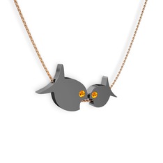 İkili Balık Kolye - Sitrin 925 ayar siyah rodyum kaplama gümüş kolye (40 cm rose altın rolo zincir) #1hxuroy