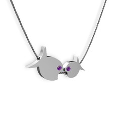 Ametist 14 ayar beyaz altın kolye (40 cm gümüş rolo zincir)