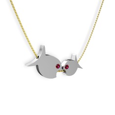 İkili Balık Kolye - Rodolit garnet 8 ayar beyaz altın kolye (40 cm altın rolo zincir) #1ni6dlp