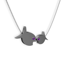 İkili Balık Kolye - Ametist 925 ayar siyah rodyum kaplama gümüş kolye (40 cm beyaz altın rolo zincir) #1ol0woo