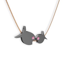İkili Balık Kolye - Pembe kuvars 925 ayar siyah rodyum kaplama gümüş kolye (40 cm rose altın rolo zincir) #1p4cip3