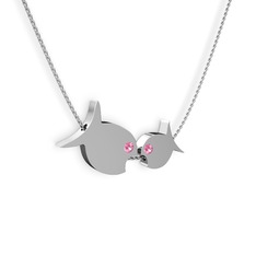 İkili Balık Kolye - Pembe kuvars 14 ayar beyaz altın kolye (40 cm gümüş rolo zincir) #1phsv1j