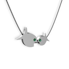 İkili Balık Kolye - Yeşil kuvars 8 ayar beyaz altın kolye (40 cm gümüş rolo zincir) #1qawejb