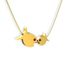 İkili Balık Kolye - Kök yakut 8 ayar altın kolye (40 cm gümüş rolo zincir) #1t0ngec