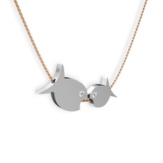 İkili Balık Kolye - Pırlanta 8 ayar beyaz altın kolye (0.12 karat, 40 cm rose altın rolo zincir) #1u0b06k