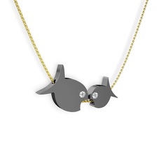 İkili Balık Kolye - Pırlanta 925 ayar siyah rodyum kaplama gümüş kolye (0.12 karat, 40 cm altın rolo zincir) #1yidgdv