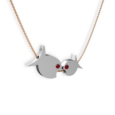 İkili Balık Kolye - Garnet 14 ayar beyaz altın kolye (40 cm rose altın rolo zincir) #1ynwj9