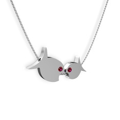 İkili Balık Kolye - Rodolit garnet 8 ayar beyaz altın kolye (40 cm beyaz altın rolo zincir) #4khwit