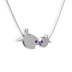 İkili Balık Kolye - Ametist 8 ayar beyaz altın kolye (40 cm beyaz altın rolo zincir) #6s9nmb