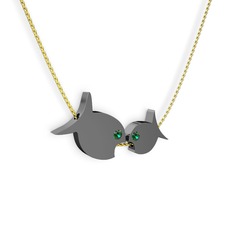 İkili Balık Kolye - Yeşil kuvars 925 ayar siyah rodyum kaplama gümüş kolye (40 cm altın rolo zincir) #adzv6s