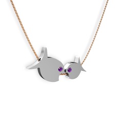 İkili Balık Kolye - Ametist 925 ayar gümüş kolye (40 cm gümüş rolo zincir) #f7fyce