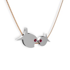 İkili Balık Kolye - Rodolit garnet 18 ayar beyaz altın kolye (40 cm gümüş rolo zincir) #f9lo3i