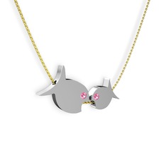 İkili Balık Kolye - Pembe kuvars 18 ayar beyaz altın kolye (40 cm altın rolo zincir) #jooefi