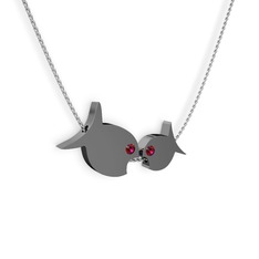 İkili Balık Kolye - Rodolit garnet 925 ayar siyah rodyum kaplama gümüş kolye (40 cm beyaz altın rolo zincir) #k1tal1