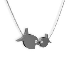İkili Balık Kolye - Pırlanta 925 ayar siyah rodyum kaplama gümüş kolye (0.12 karat, 40 cm beyaz altın rolo zincir) #qrq174