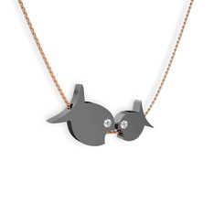 İkili Balık Kolye - Pırlanta 925 ayar siyah rodyum kaplama gümüş kolye (0.12 karat, 40 cm gümüş rolo zincir) #we2p8d