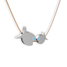 İkili Balık Kolye - Akuamarin 8 ayar beyaz altın kolye (40 cm gümüş rolo zincir) #wp2wwu