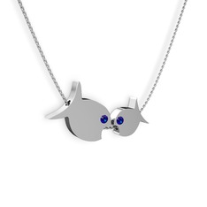 İkili Balık Kolye - Lab safir 14 ayar beyaz altın kolye (40 cm gümüş rolo zincir) #xcbbxl