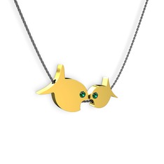 İkili Balık Kolye - Yeşil kuvars 18 ayar altın kolye (40 cm gümüş rolo zincir) #xd3j5