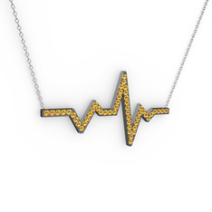 Kalp Ritmi Kolye - Sitrin 925 ayar siyah rodyum kaplama gümüş kolye (40 cm beyaz altın rolo zincir) #14uy6cr