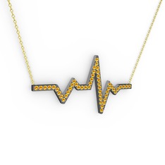 Kalp Ritmi Kolye - Sitrin 925 ayar siyah rodyum kaplama gümüş kolye (40 cm altın rolo zincir) #69q1e