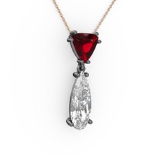 Garnet ve beyaz zirkon 925 ayar siyah rodyum kaplama gümüş kolye (40 cm gümüş rolo zincir)
