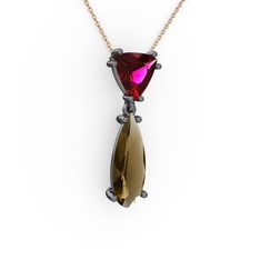Rodolit garnet ve dumanlı kuvars 925 ayar siyah rodyum kaplama gümüş kolye (40 cm rose altın rolo zincir)