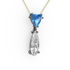 Akuamarin ve swarovski 925 ayar siyah rodyum kaplama gümüş kolye (40 cm altın rolo zincir)