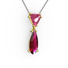Pembe kuvars ve rodolit garnet 18 ayar altın kolye (40 cm gümüş rolo zincir)