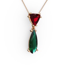 Garnet ve yeşil kuvars 14 ayar rose altın kolye (40 cm rose altın rolo zincir)