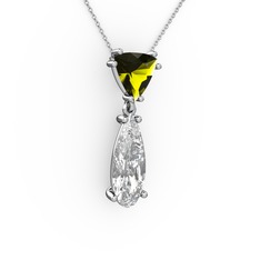 Peridot ve beyaz zirkon 14 ayar beyaz altın kolye (40 cm beyaz altın rolo zincir)
