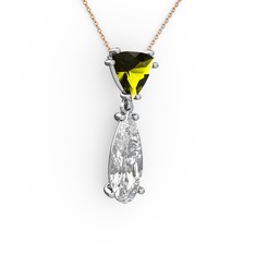 Peridot ve beyaz zirkon 14 ayar beyaz altın kolye (40 cm rose altın rolo zincir)