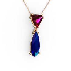 Rodolit garnet ve lab safir 18 ayar rose altın kolye (40 cm gümüş rolo zincir)