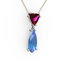Rodolit garnet ve akuamarin 18 ayar beyaz altın kolye (40 cm gümüş rolo zincir)