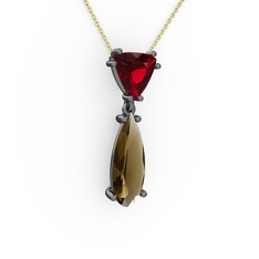 Garnet ve dumanlı kuvars 925 ayar siyah rodyum kaplama gümüş kolye (40 cm altın rolo zincir)