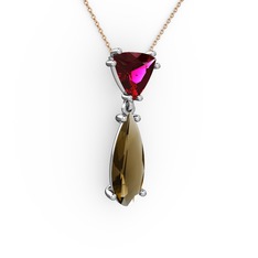Rodolit garnet ve dumanlı kuvars 18 ayar beyaz altın kolye (40 cm rose altın rolo zincir)