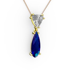 Swarovski ve lab safir 14 ayar altın kolye (40 cm gümüş rolo zincir)